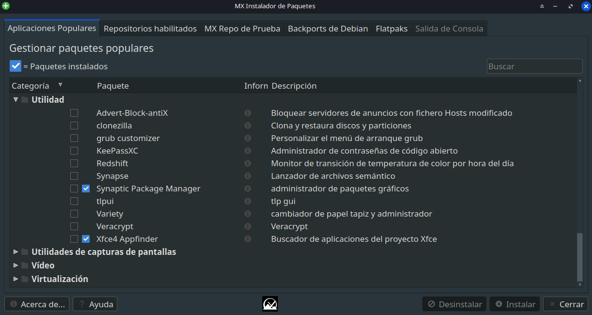 MX linux Instalador de Paquetes